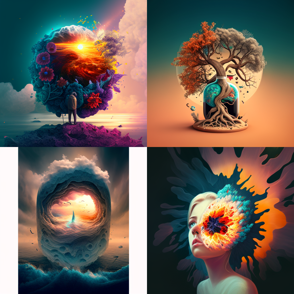Œuvre n°1 créée à Artraction avec le programme MidJourney. Mots-clés utilisés:"luminous artwork about hope, caring, happiness, professional reorientation, social reintegration, art promotion, art-therapy, helping burnout recovery, health recovery" © Artraction
