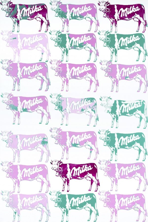 21 Vaches Milka rose sur vert - oeuvre de Nicolas Noverraz NSNZ152-SD