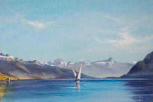 Haut lac Léman avec barque lémanique: hommage à Auguste Veillon et François Bocion - oeuvre de Philippe JUTTENS-PEJS37