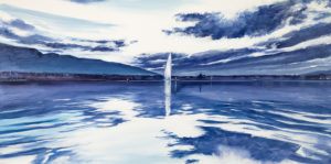Rade de Genève avec Jet sur un lac miroir- œuvre de Philippe JUTTENS-PEJS38