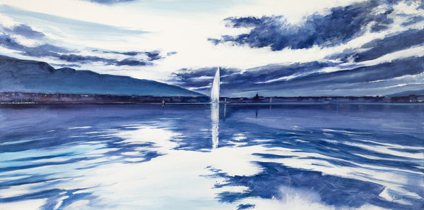 Rade de Genève avec Jet sur un lac miroir- œuvre de Philippe JUTTENS-PEJS38