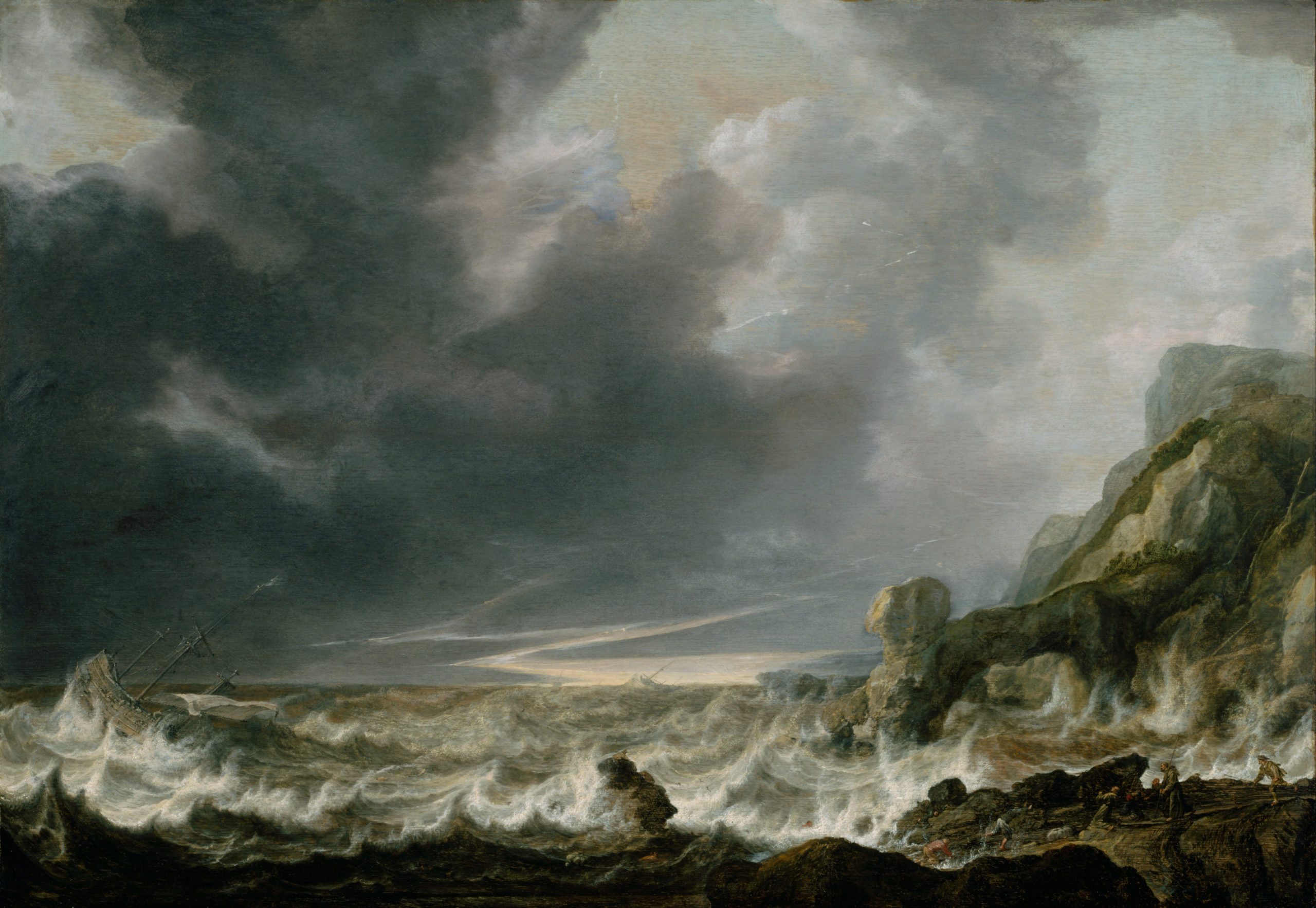 Vlieger Simon de Ship in Distress off a Rocky Coast Google Art Project scaled